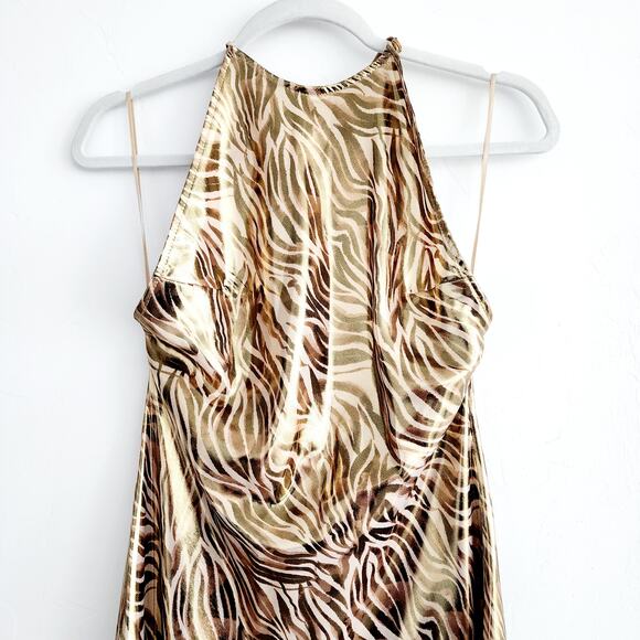 Zara Tiger Print Metallic Gold Midi Dress with Open Back Halter Top Size Small - Picture 9 of 11